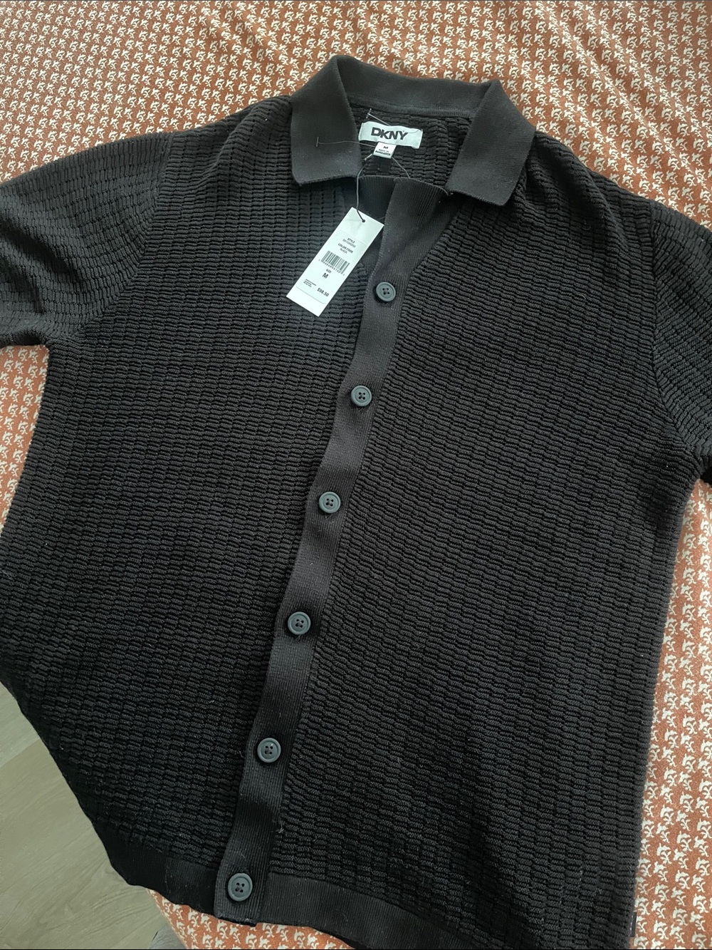 DKNY Black Textured Button-Down Polo Shirt